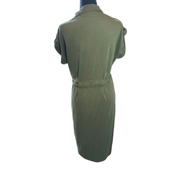 Olive Green Midi Shirt Dress with Belt Roll Tab Sleeve Career Casual - Picture 2 of 10
